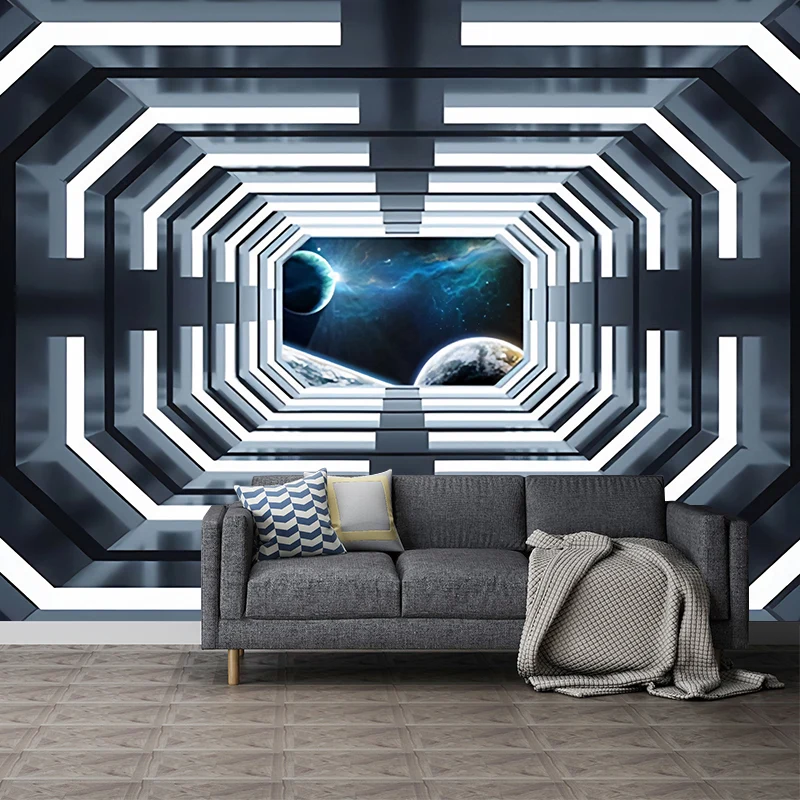 Arte de pared moderno para sala de reuniones, túnel extendido en 3D en blanco y negro, hecho medida Azul Clearhalo