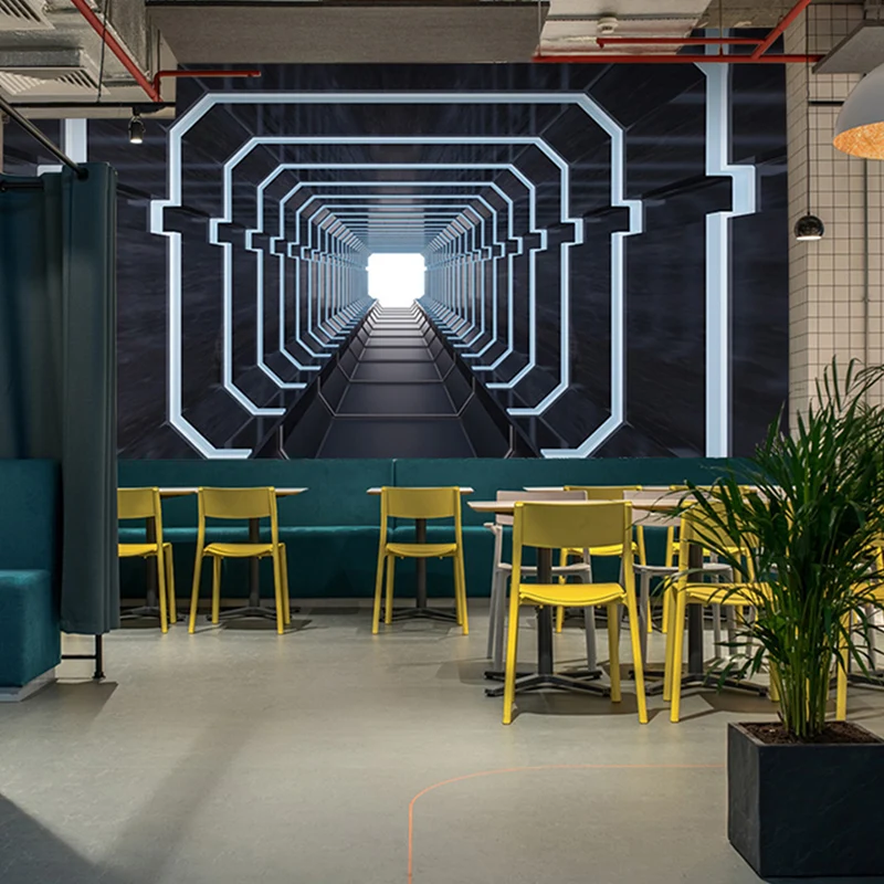 Arte de pared moderno para sala de reuniones, túnel extendido en 3D en blanco y negro, hecho medida Azul Clearhalo