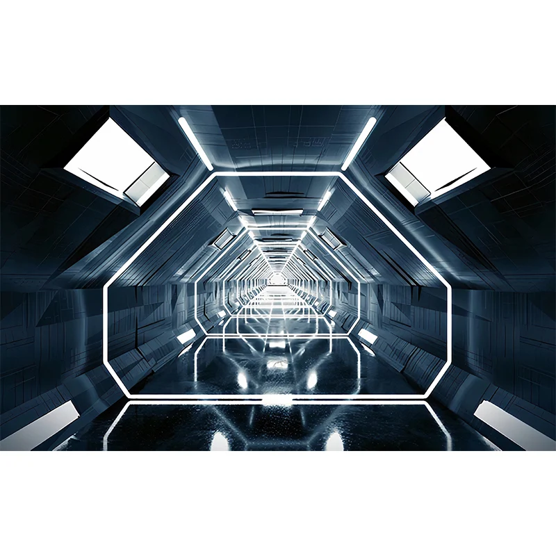 Arte de pared moderno para sala de reuniones, túnel extendido en 3D en blanco y negro, hecho medida Azul Clearhalo