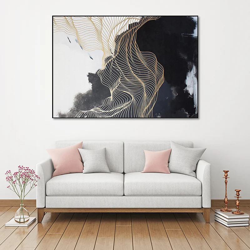 Arte de pared de montañ abstracto nórdico, impresión en lienzo con superficie texturizada negra para dormitorio Negro Clea...