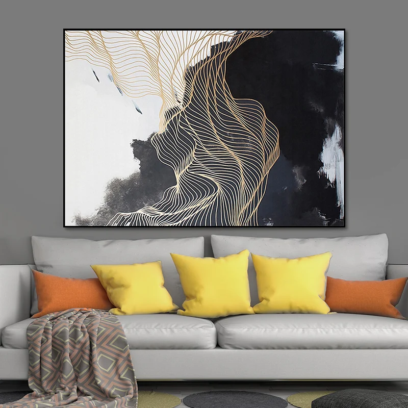 Arte de pared de montañ abstracto nórdico, impresión en lienzo con superficie texturizada negra para dormitorio Negro Clea...
