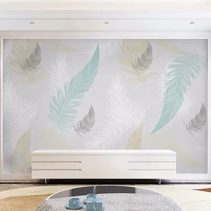 Arte de pared de plumas de tamaño completo en papel tapiz mural de tela no tejida gris y azul para decoración del hogar, h...