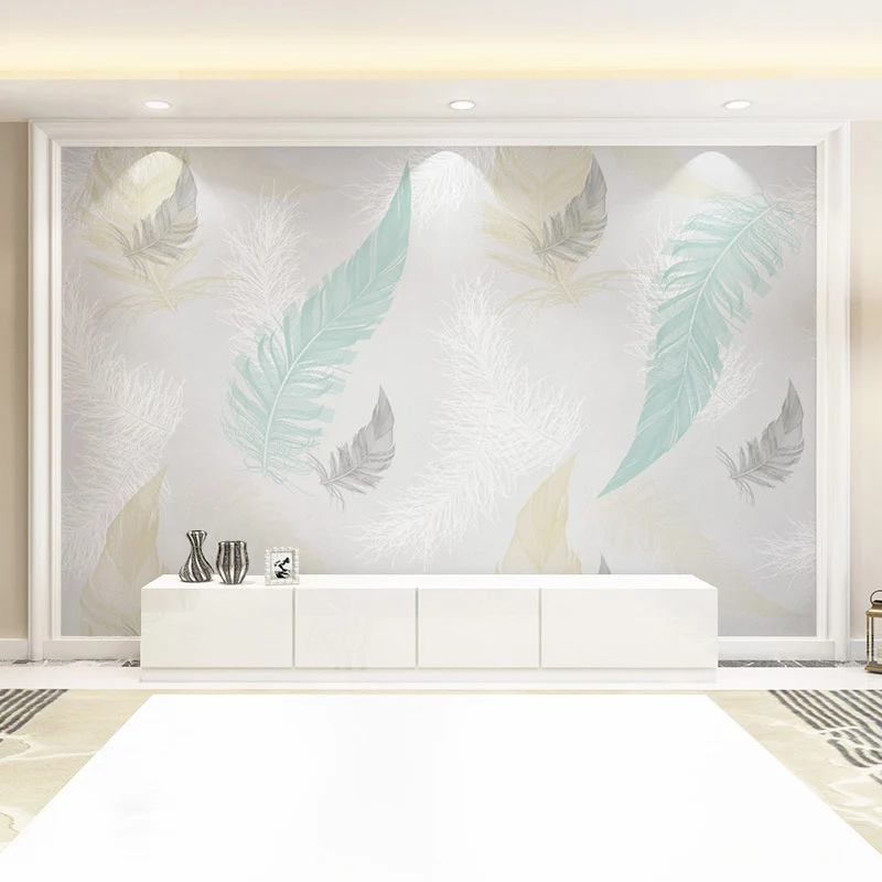 Arte de pared de plumas de tamaño completo en papel tapiz mural de tela no tejida gris y azul para decoración del hogar, h...