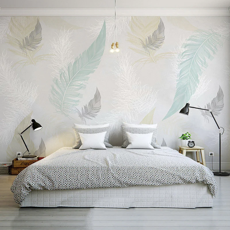 Arte de pared de plumas de tamaño completo en papel tapiz mural de tela no tejida gris y azul para decoración del hogar, h...