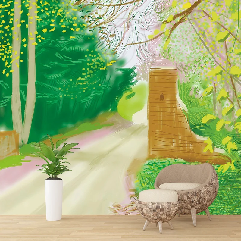 Artistry Spring Forest Path Mural Paisaje amarillo y verde Dibujo Decoración de pared Amarillo Clearhalo