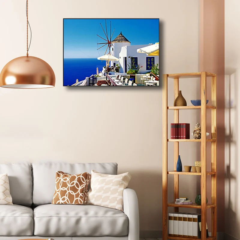Balcón mediterráneo paisaje marino lienzo arte decoración de pared texturizada contemporánea en azul Azul Clearhalo