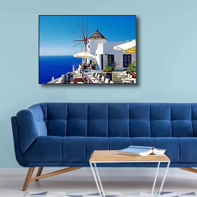 Balcón mediterráneo paisaje marino lienzo arte decoración de pared texturizada contemporánea en azul Azul Clearhalo