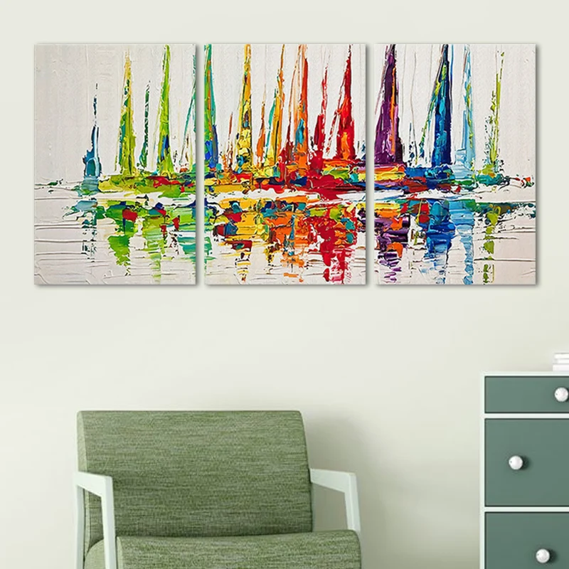 Barcos de vela de acuarela que pintan la decoración del arte de la pared del estilo moderno rojo para el interior de la ca...