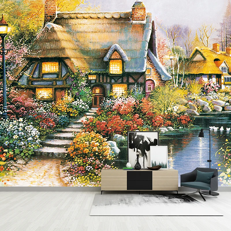 Calcomaní mural de cabañ en campo de flores, arte de pared de campo marrón, verde y amarillo para dormitorio Marron Clearhalo