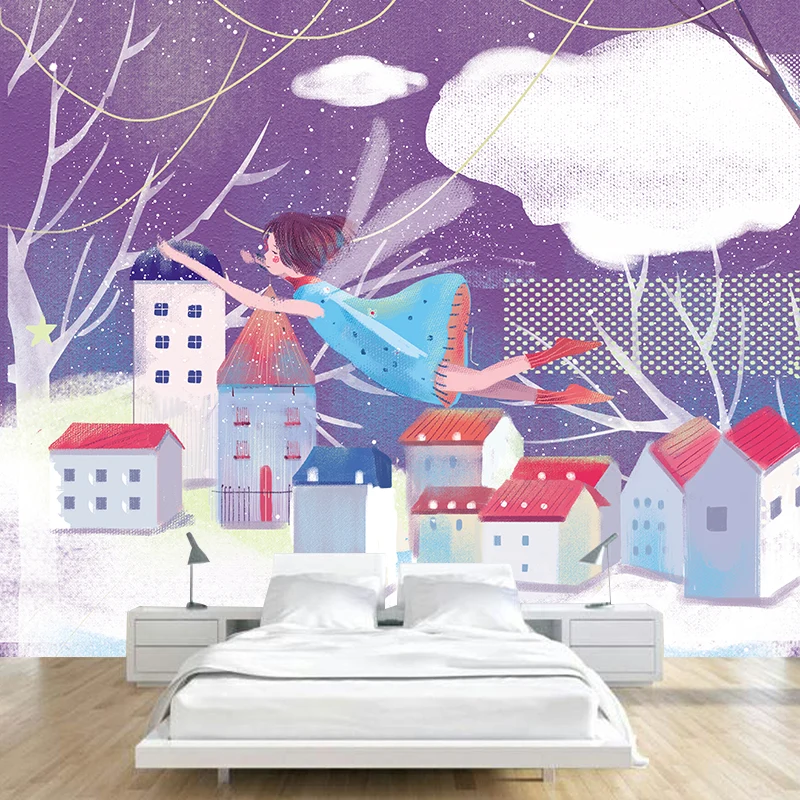 Calcomaní Mural de cuento de hadas, color morado y blanco, paisaje de invierno, revestimiento de paredes nórdico prueba de...