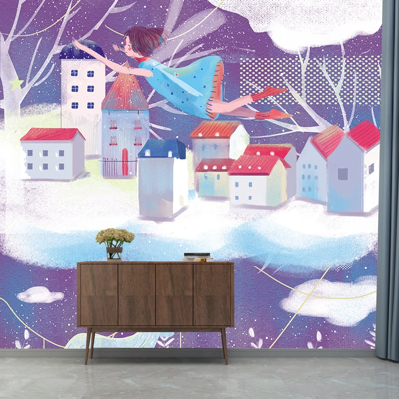 Calcomaní Mural de cuento de hadas, color morado y blanco, paisaje de invierno, revestimiento de paredes nórdico prueba de...