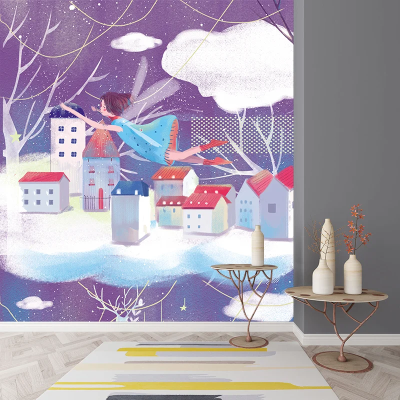 Calcomaní Mural de cuento de hadas, color morado y blanco, paisaje de invierno, revestimiento de paredes nórdico prueba de...