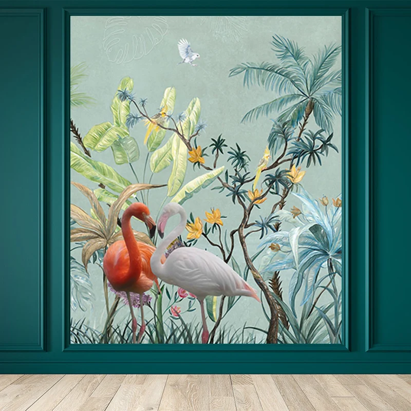 Calcomaní mural de flamenco grande Tropix Misty Lake paisaje arte de pared en azul para el interior de la casa Azul Clearhalo