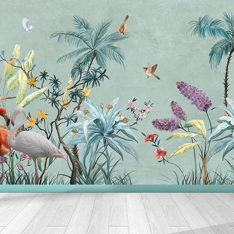 Calcomaní mural de flamenco grande Tropix Misty Lake paisaje arte de pared en azul para el interior de la casa Azul Clearhalo