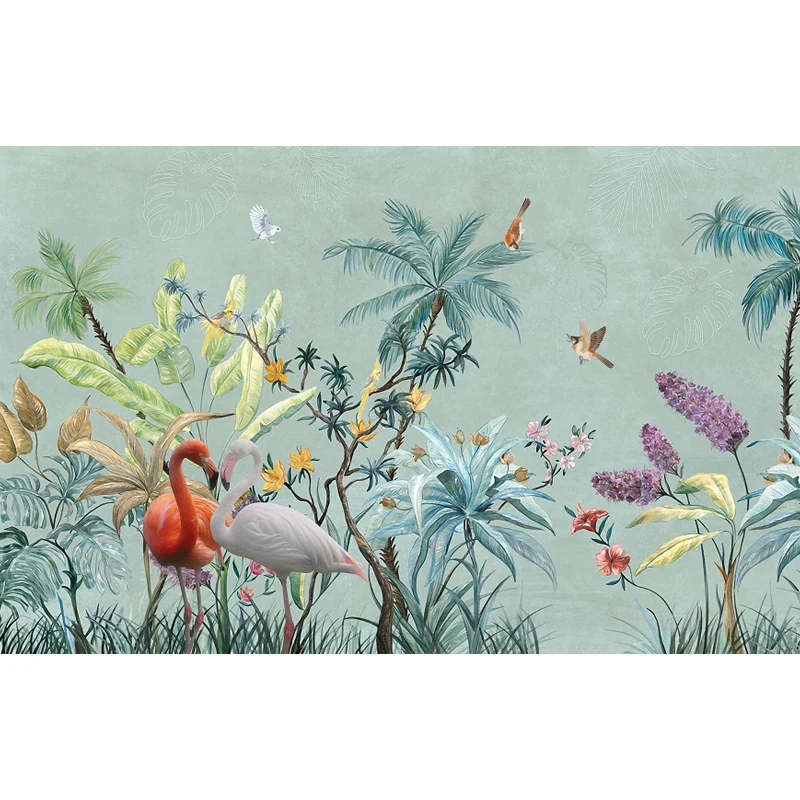 Calcomaní mural de flamenco grande Tropix Misty Lake paisaje arte de pared en azul para el interior de la casa Azul Clearhalo