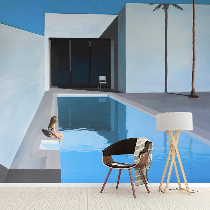 Calcomaní mural de niñ en la piscina, arte de pared moderno resistente las manchas para sala de estar, hecho medida Gris C...