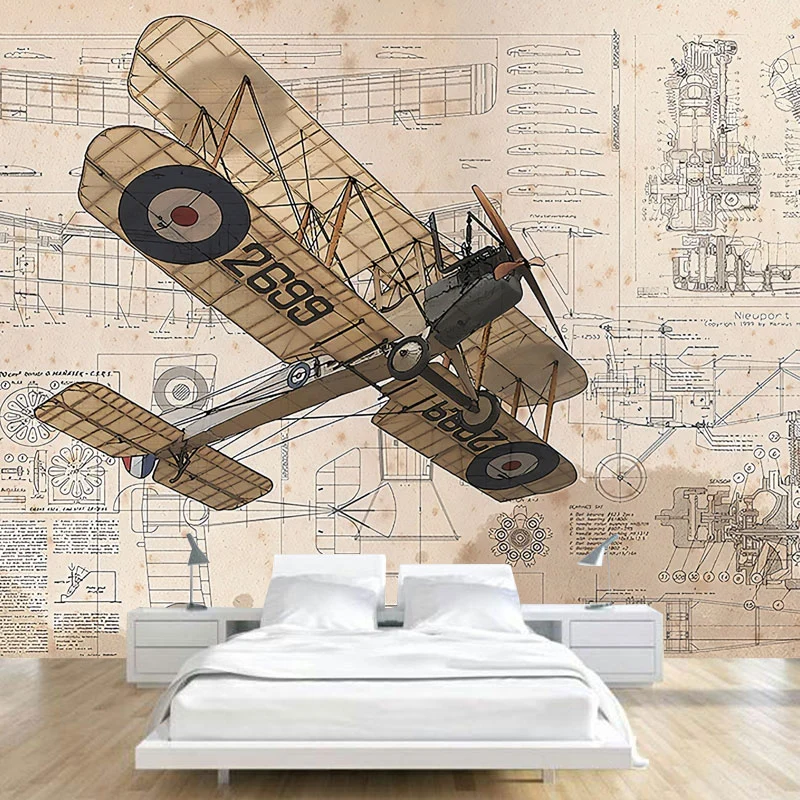 Calcomaní mural de pared de avión antiguo para dormitorio infantil, color neutro, tamaño personalizado disponible Azul Cle...