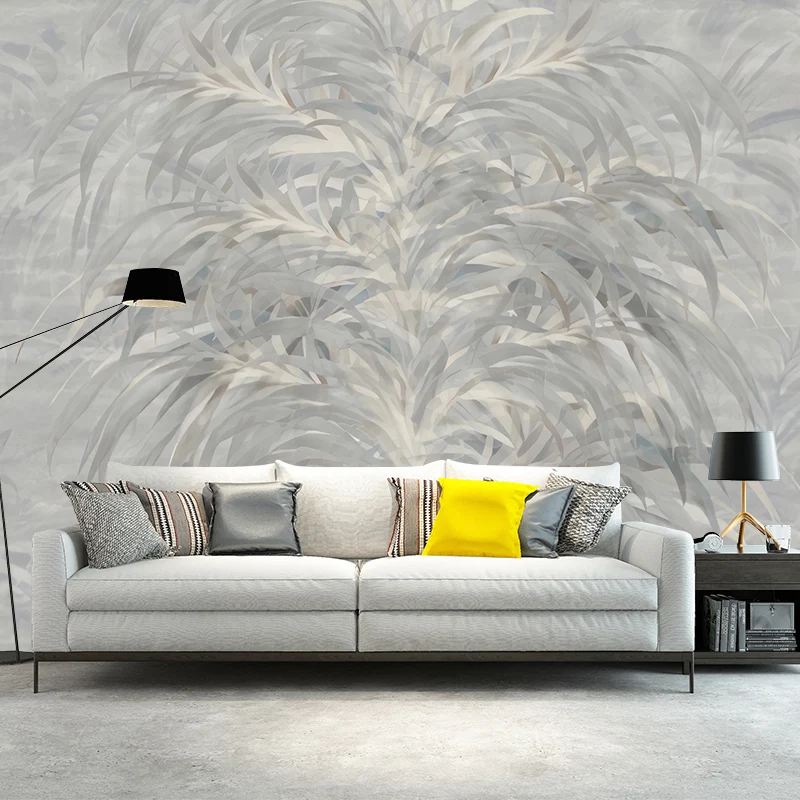 Calcomaní mural de pared con hojas de ilustración para decoración de dormitorio en gris pastel, tamaño personalizado dispo...
