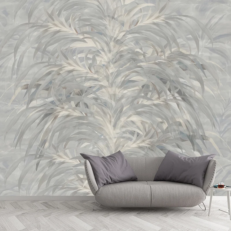 Calcomaní mural de pared con hojas de ilustración para decoración de dormitorio en gris pastel, tamaño personalizado dispo...