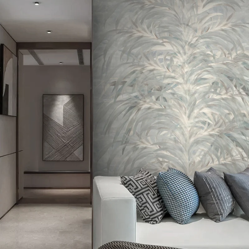 Calcomaní mural de pared con hojas de ilustración para decoración de dormitorio en gris pastel, tamaño personalizado dispo...