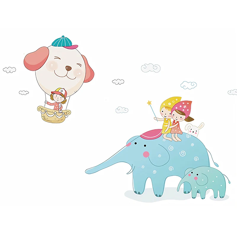 Calcomaní mural de pared de elefante de dibujos animados para niños, arte de pared de tamaño personalizado en azul y blanc...