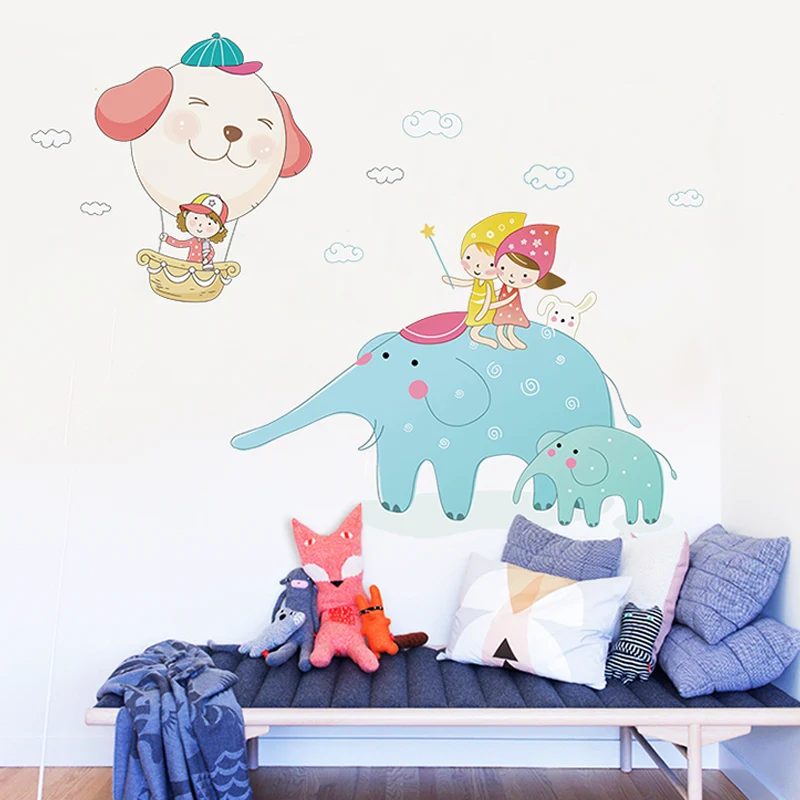 Calcomaní mural de pared de elefante de dibujos animados para niños, arte de pared de tamaño personalizado en azul y blanc...