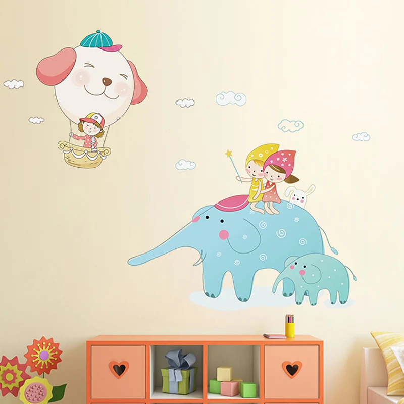 Calcomaní mural de pared de elefante de dibujos animados para niños, arte de pared de tamaño personalizado en azul y blanc...