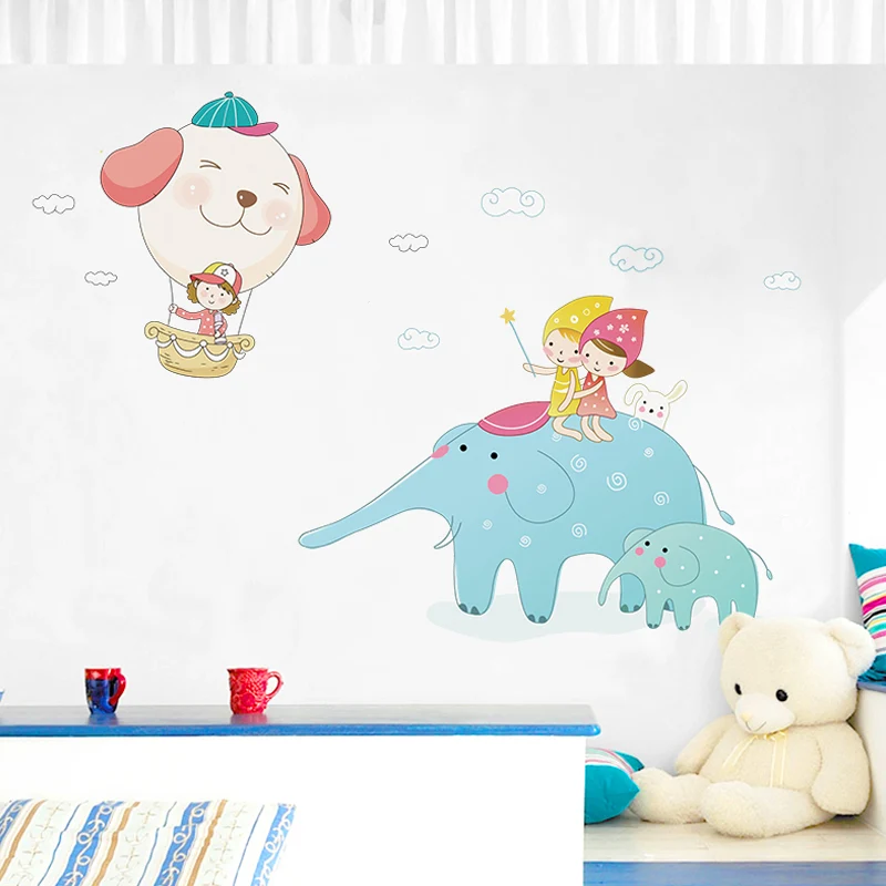 Calcomaní mural de pared de elefante de dibujos animados para niños, arte de pared de tamaño personalizado en azul y blanc...