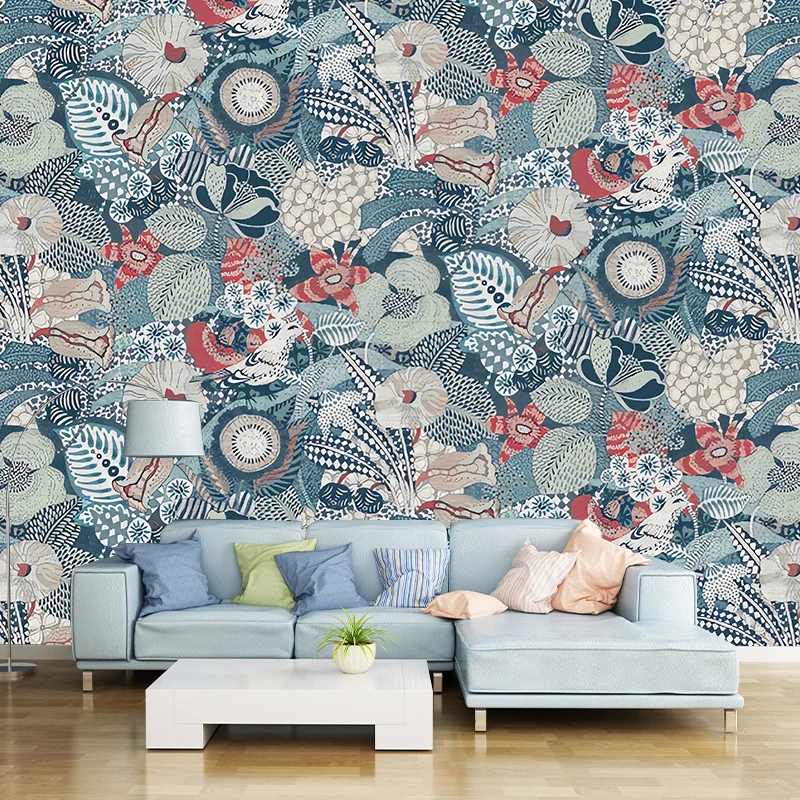 Calcomaní mural de pared de flores florecientes en verde y rojo, arte de pared lujoso para pared decorativa Verde Clearhalo