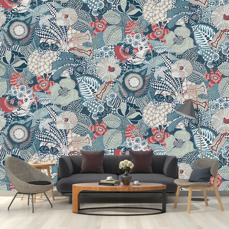 Calcomaní mural de pared de flores florecientes en verde y rojo, arte de pared lujoso para pared decorativa Verde Clearhalo
