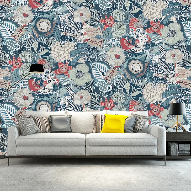 Calcomaní mural de pared de flores florecientes en verde y rojo, arte de pared lujoso para pared decorativa Verde Clearhalo