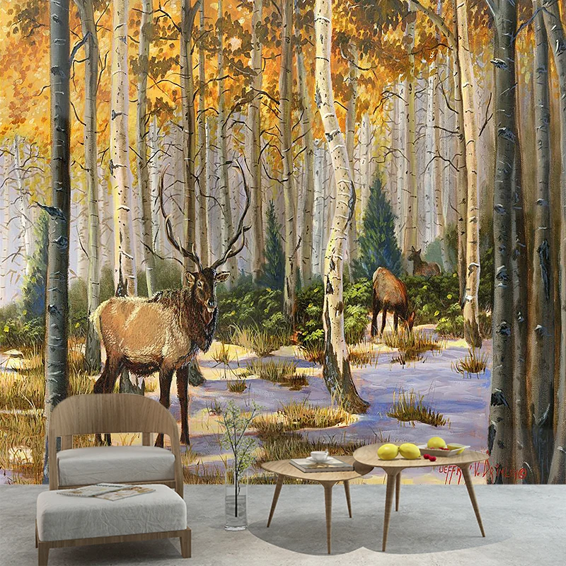 Calcomaní de Mural de pared moderna de color amarillo y marrón, revestimiento de paredes de alce entero en el bosque para...