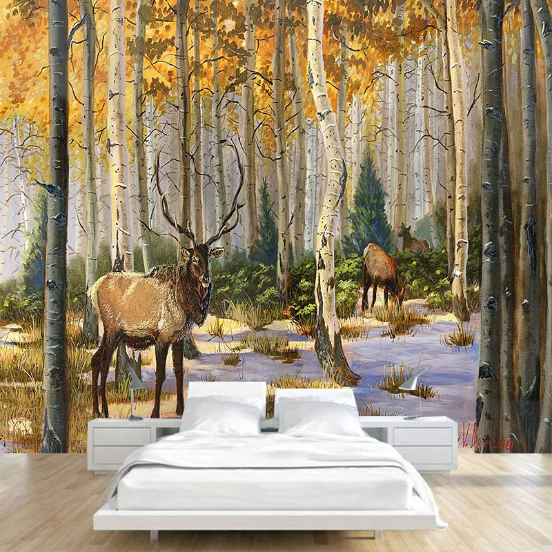 Calcomaní de Mural de pared moderna de color amarillo y marrón, revestimiento de paredes de alce entero en el bosque para...