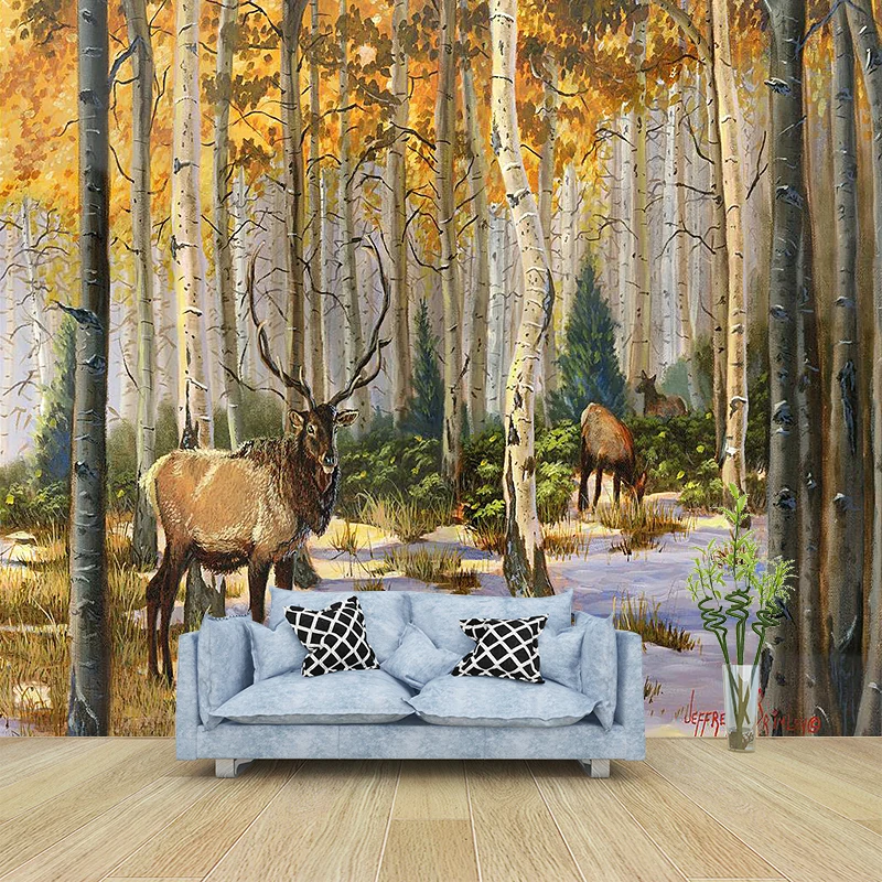 Calcomaní de Mural de pared moderna de color amarillo y marrón, revestimiento de paredes de alce entero en el bosque para...