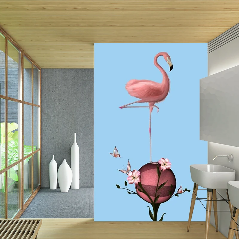 Calcomaní mural de pared moderna de tamaño completo, soporte de flamenco rosa y azul sobre revestimiento de pared de bola...