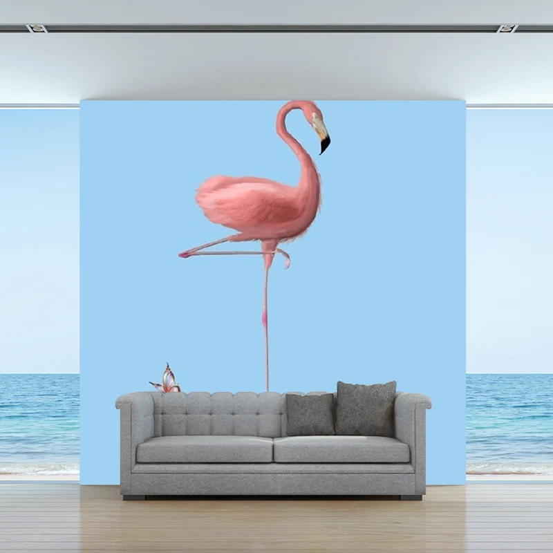 Calcomaní mural de pared moderna de tamaño completo, soporte de flamenco rosa y azul sobre revestimiento de pared de bola...
