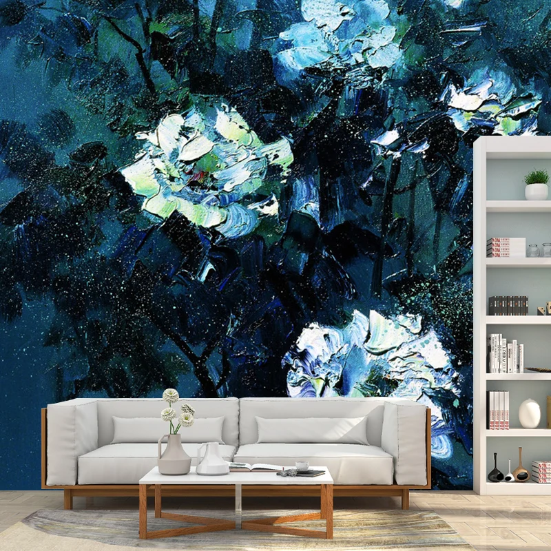 Calcomaní mural de pared nostálgica entera en decoración de pared con diseño floral azul y blanco, hecha medida Azul Clear...