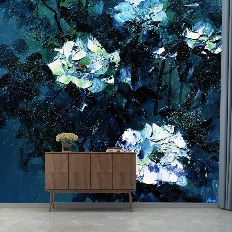 Calcomaní mural de pared nostálgica entera en decoración de pared con diseño floral azul y blanco, hecha medida Azul Clear...