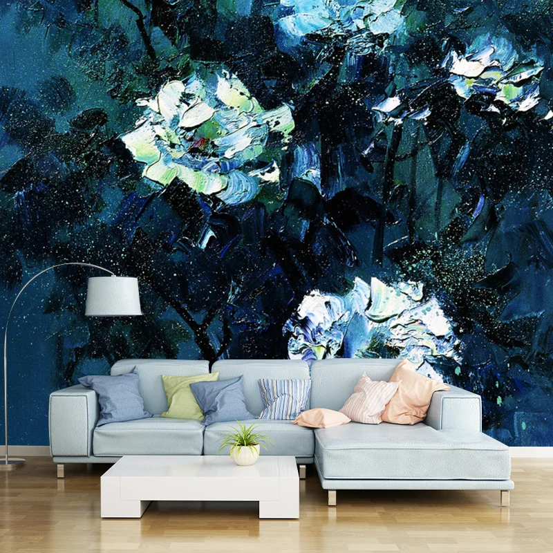 Calcomaní mural de pared nostálgica entera en decoración de pared con diseño floral azul y blanco, hecha medida Azul Clear...