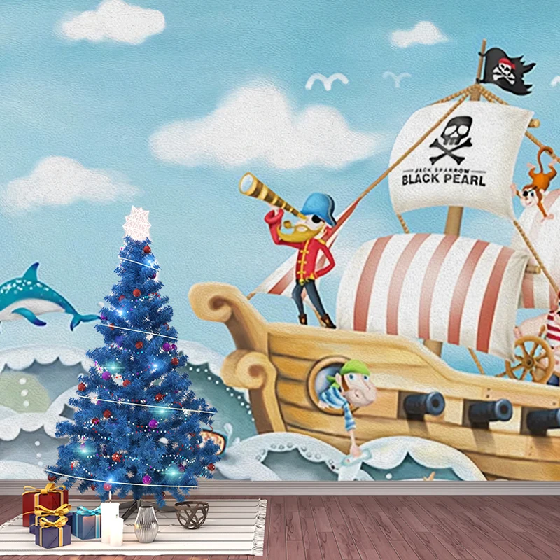 Calcomaní mural de pared de pirata de dibujos animados para dormitorio infantil, azul suave, tamaño personalizado disponib...