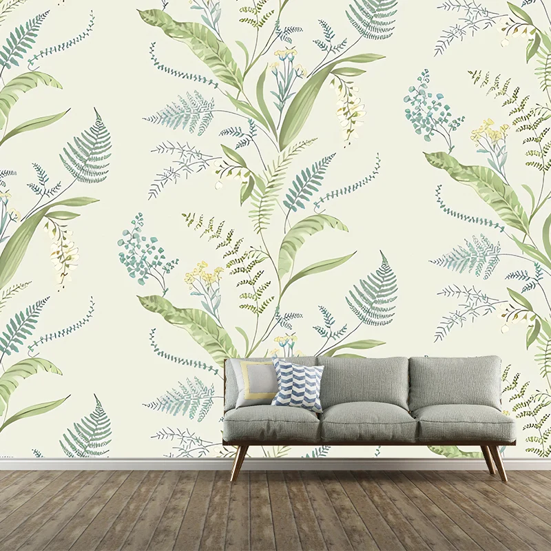 Calcomaní mural de pared de planta modernista en revestimiento de paredes de habitación de invitados de color verde pastel...