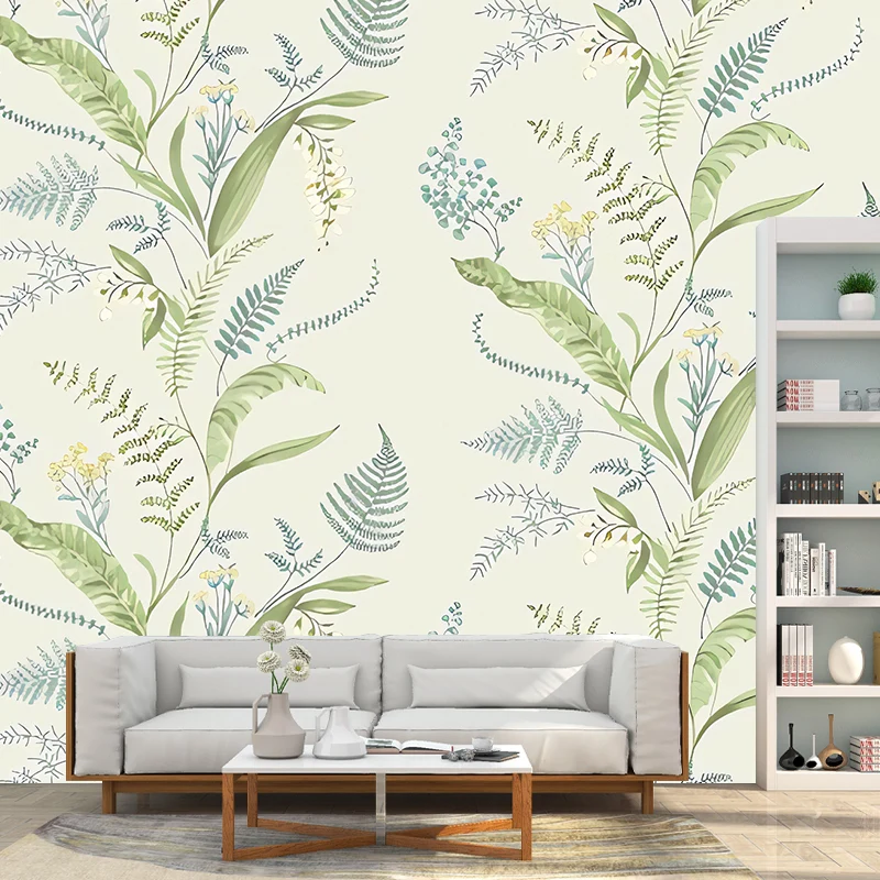 Calcomaní mural de pared de planta modernista en revestimiento de paredes de habitación de invitados de color verde pastel...
