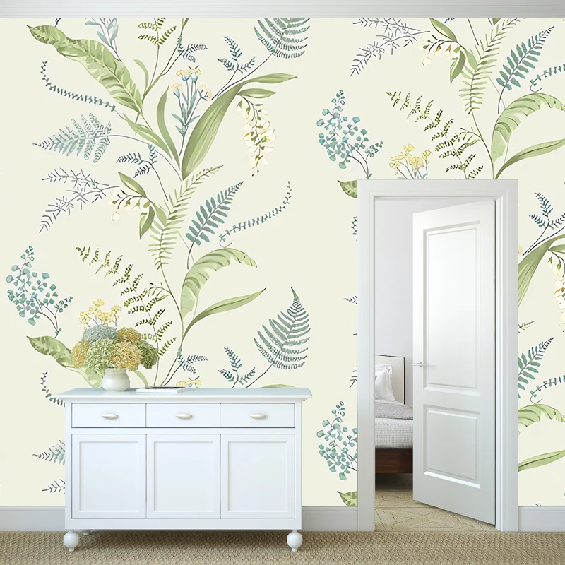 Calcomaní mural de pared de planta modernista en revestimiento de paredes de habitación de invitados de color verde pastel...