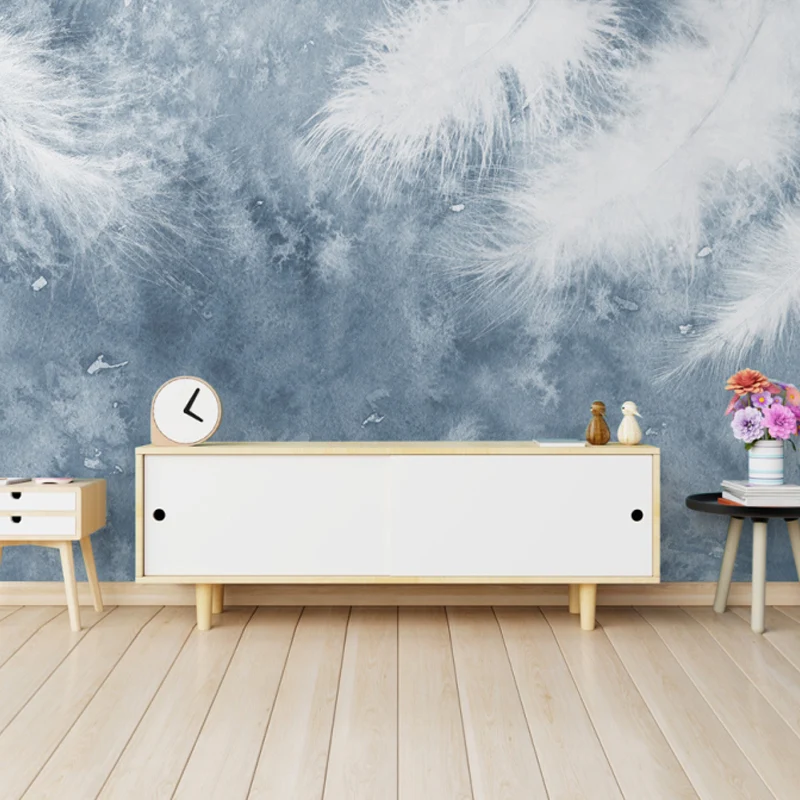 Calcomaní mural de pared de plumas enteras para decoración del hogar, arte de pared brumoso en azul y blanco, resistente a...