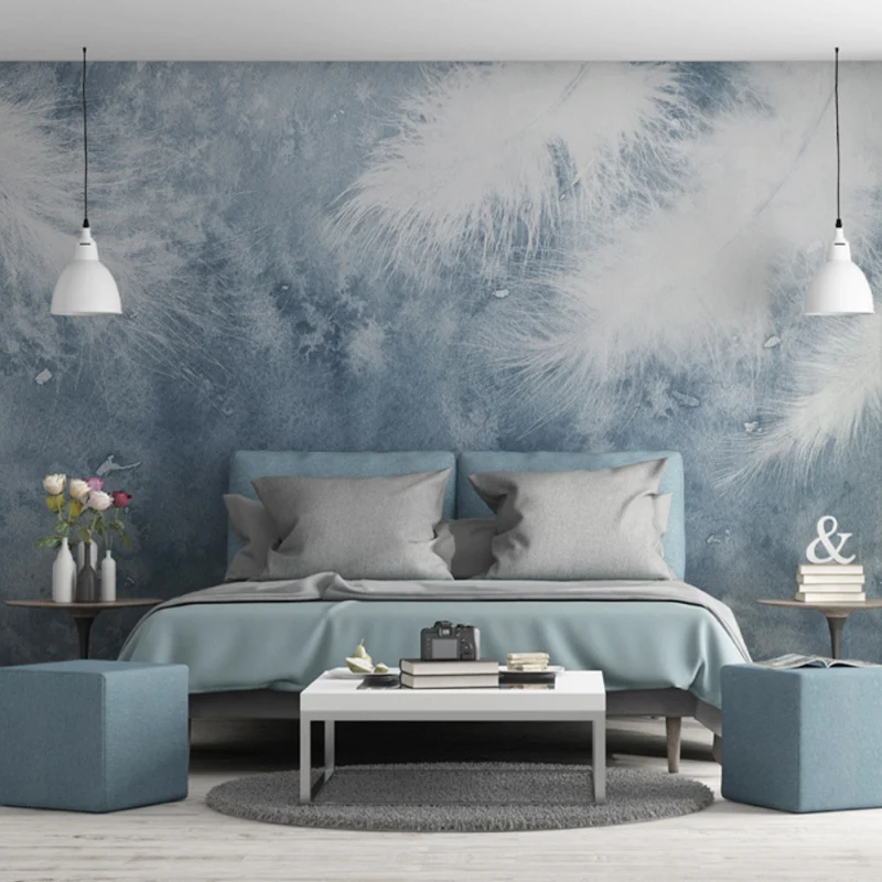 Calcomaní mural de pared de plumas enteras para decoración del hogar, arte de pared brumoso en azul y blanco, resistente a...