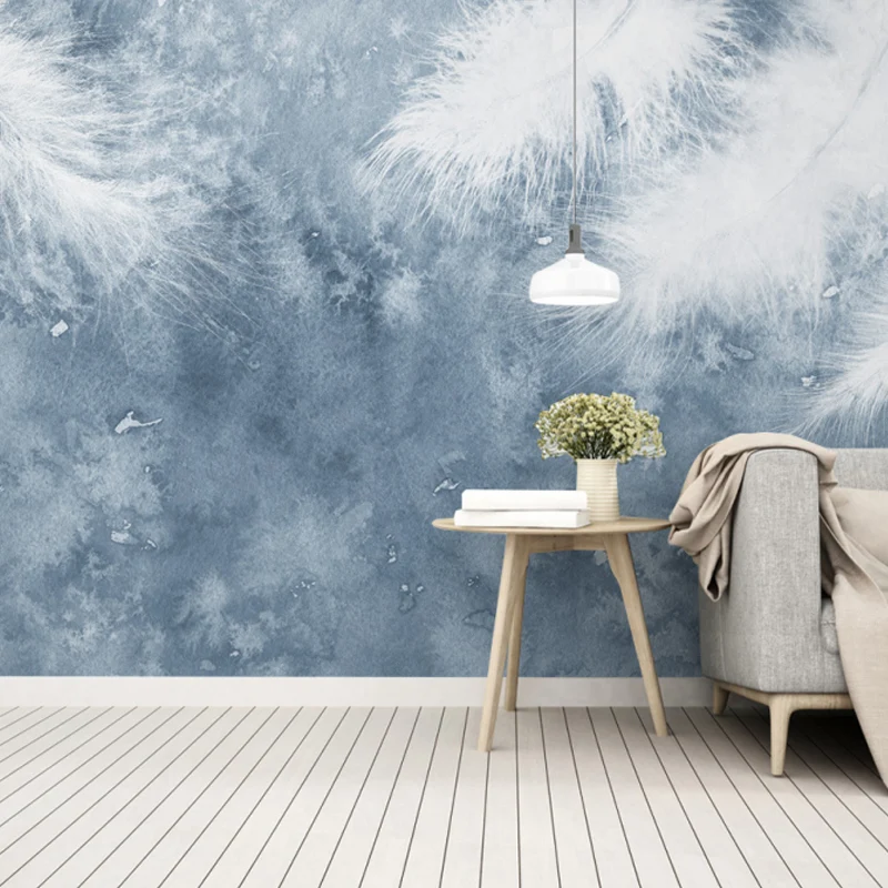 Calcomaní mural de pared de plumas enteras para decoración del hogar, arte de pared brumoso en azul y blanco, resistente a...