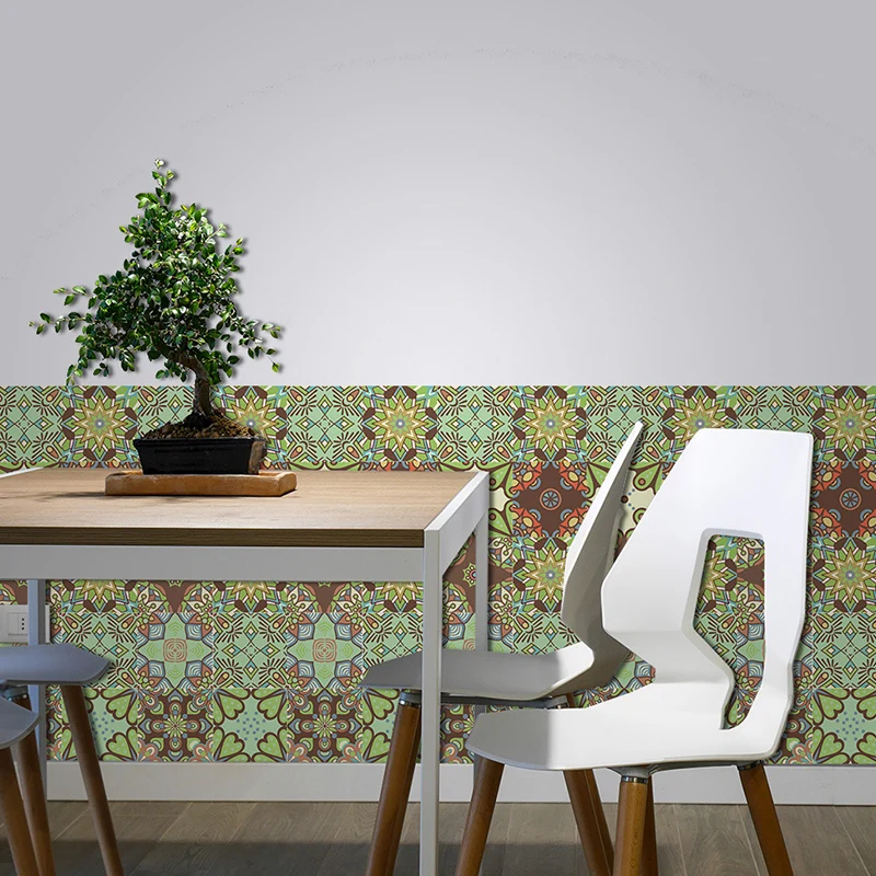 Cenefa de papel pintado de azulejos florales verdes, decoración de pared autoadhesiva para sala de estar, 10,8 pies cuadra...