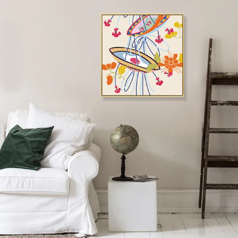 Cesta de flores de estilo japonés, lienzo naranja, bodegón, dibujo, arte de pared para dormitorio Naranja Clearhalo