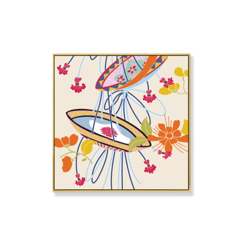 Cesta de flores de estilo japonés, lienzo naranja, bodegón, dibujo, arte de pared para dormitorio Naranja Clearhalo