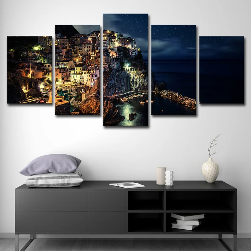 Cinque Terre Night View Canvas Black Glam Wall Art Print para sala de estar, varias piezas Negro Clearhalo